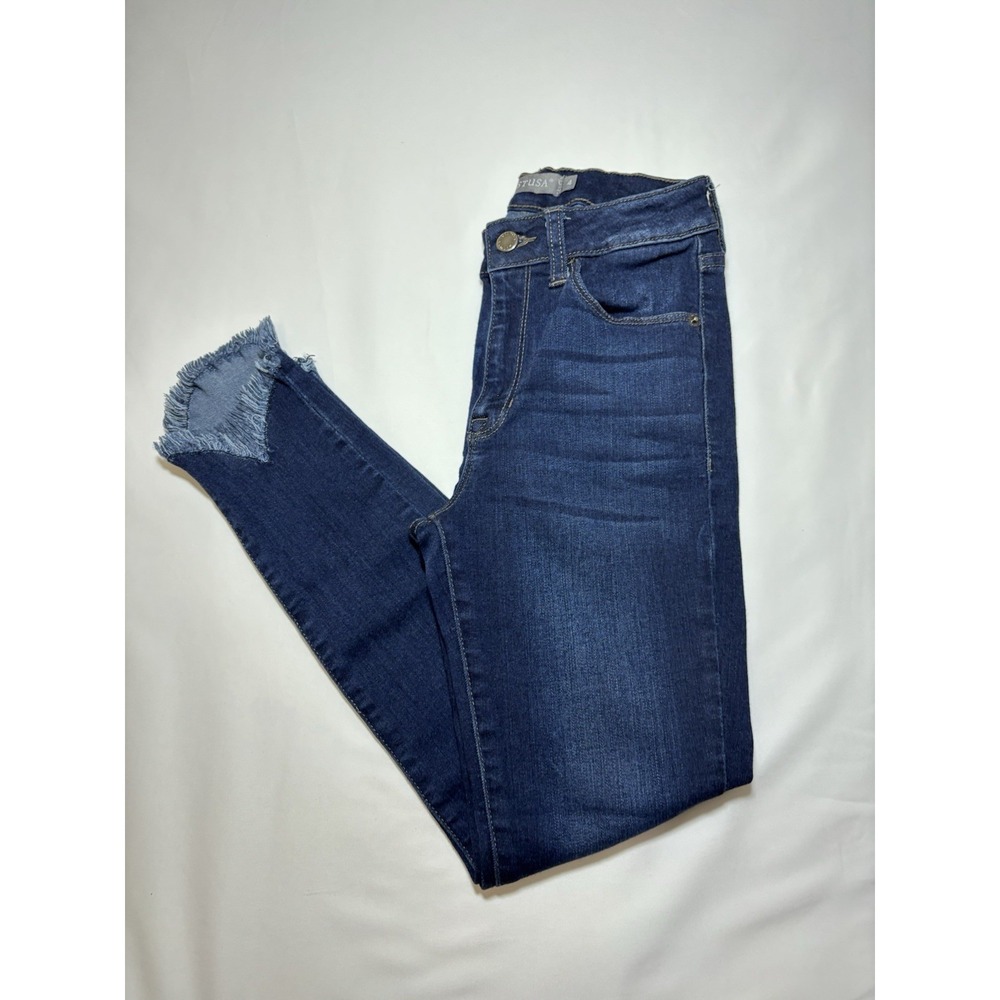 JUSTUSA Womens Blue Medium Wash Skinny Stretch Denim Jeans Frayed Hem Pockets
